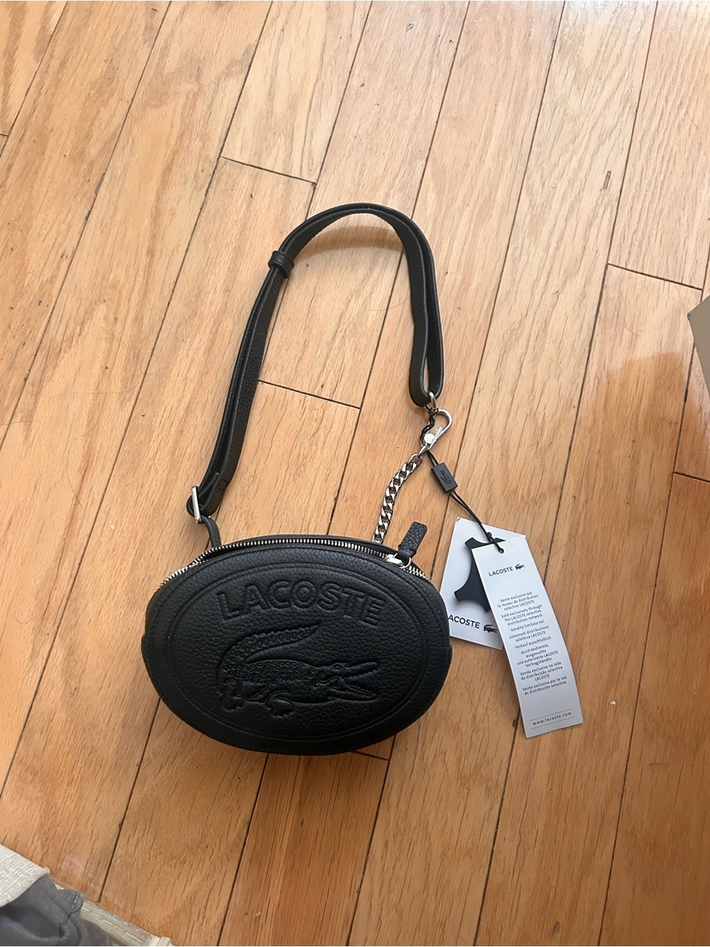 Lacoste Black Oval Pebbled Leather Waist Bag/Fanny Pack